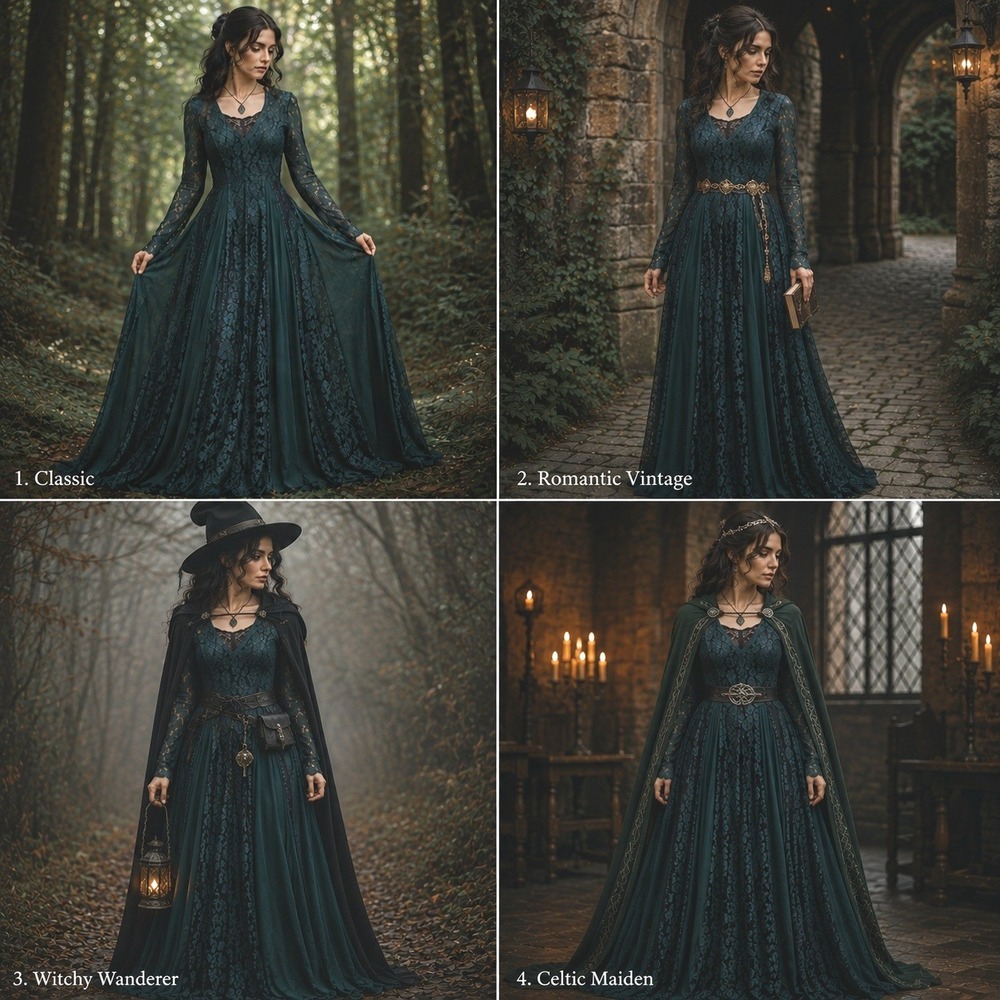 Dark Green Lace Maxi Dress Renaissance Celtic Medieval Witchy Gothic